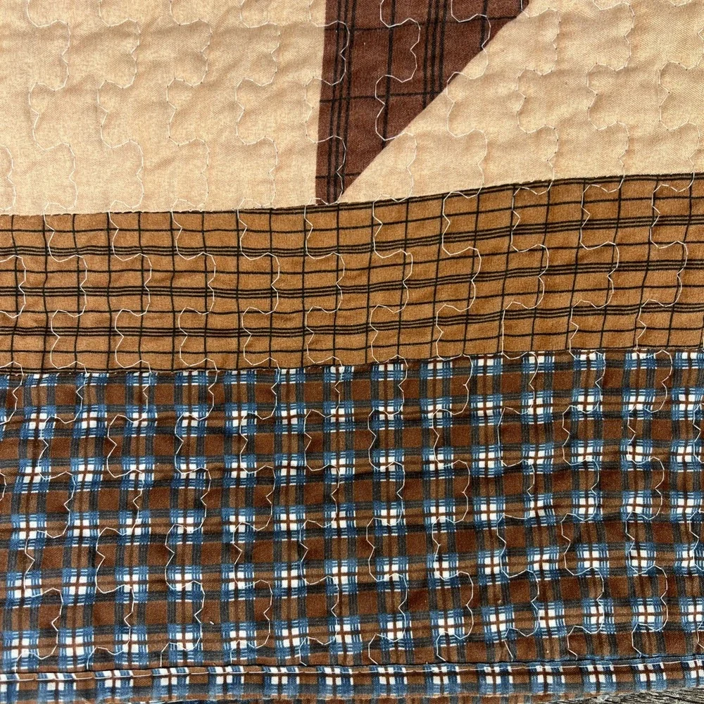 Handmade Primitive Star Patchwork Quilt Brown Blue Farmhouse Lap Throw 48x58